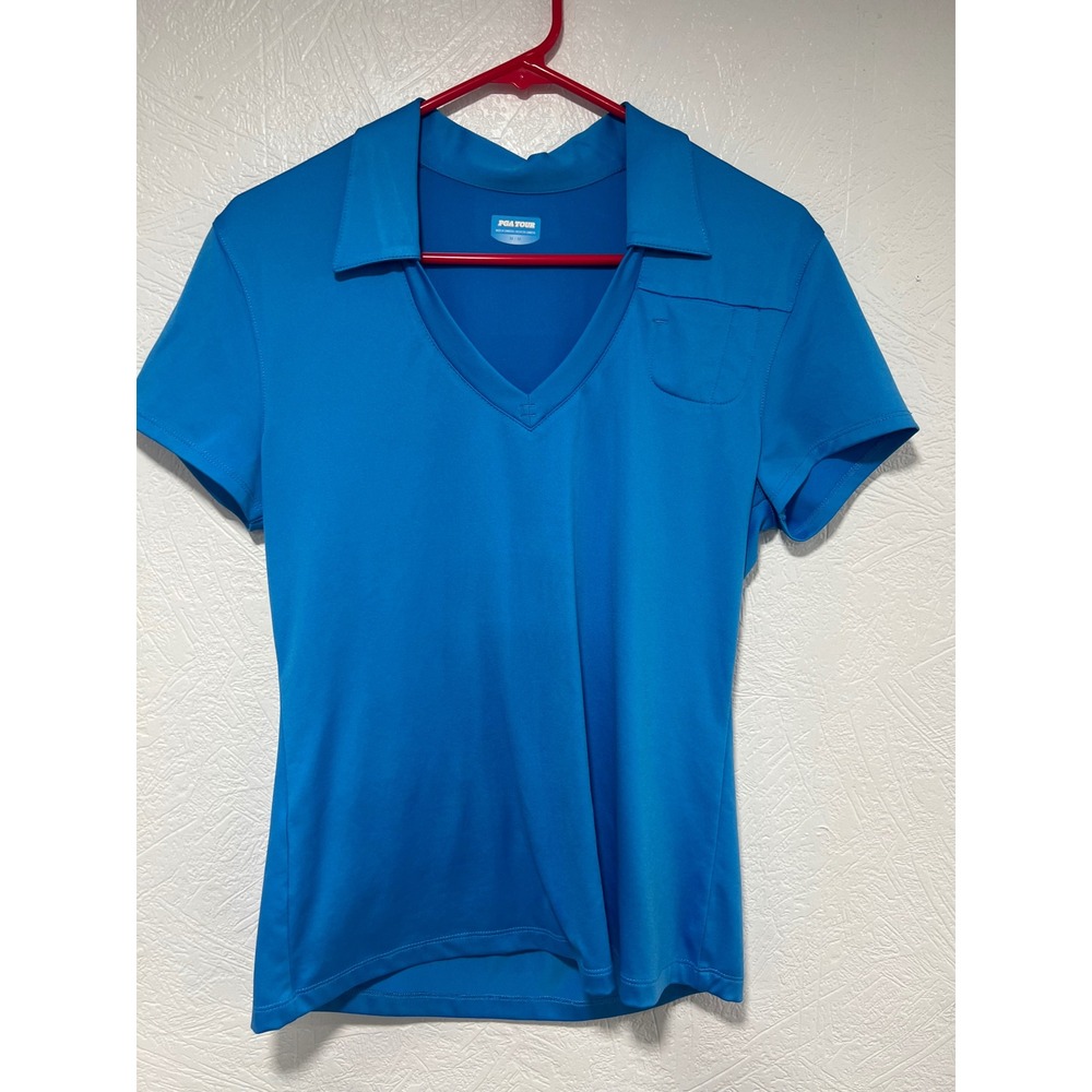 PGA Tour Womens Blue V-Neck Short Sleeve Golf Polo Shirt Size Medium